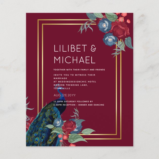 BUDGET  Peacock Blue Burgundy Winter Fall Wedding Flyer (Front)
