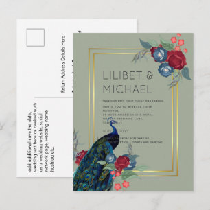 BUDGET Peacock Blue Burgundy Winter Fall Wedding Postcard