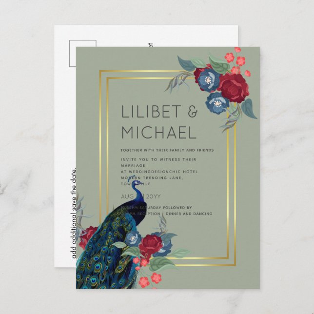 BUDGET  Peacock Blue Burgundy Winter Fall Wedding Postcard (Front/Back)