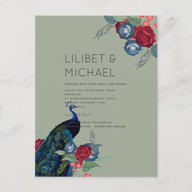 BUDGET  Peacock Blue Burgundy Winter Fall Wedding Postcard (Front)