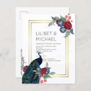 BUDGET Peacock Blue Burgundy Winter Fall Wedding Postcard