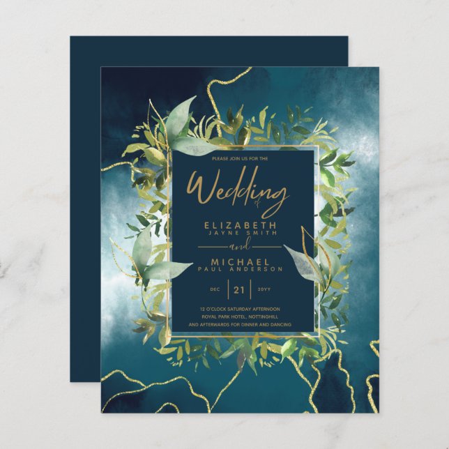 BUDGET  Peacock Blue Gold Greenery Wedding Invites (Front/Back)