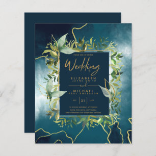 BUDGET Peacock Blue Gold Greenery Wedding Invites