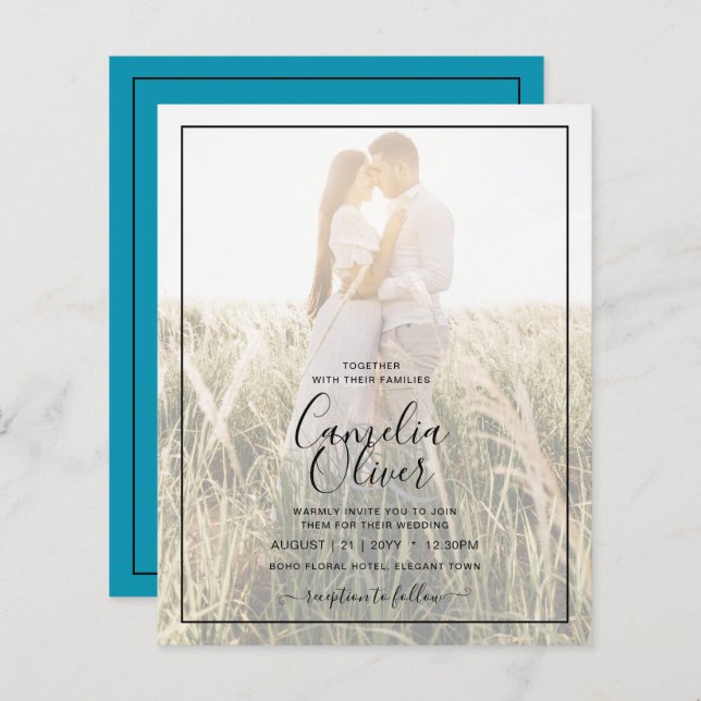 BUDGET Peacock Blue Photo Overlay Wedding Invite (Front/Back)