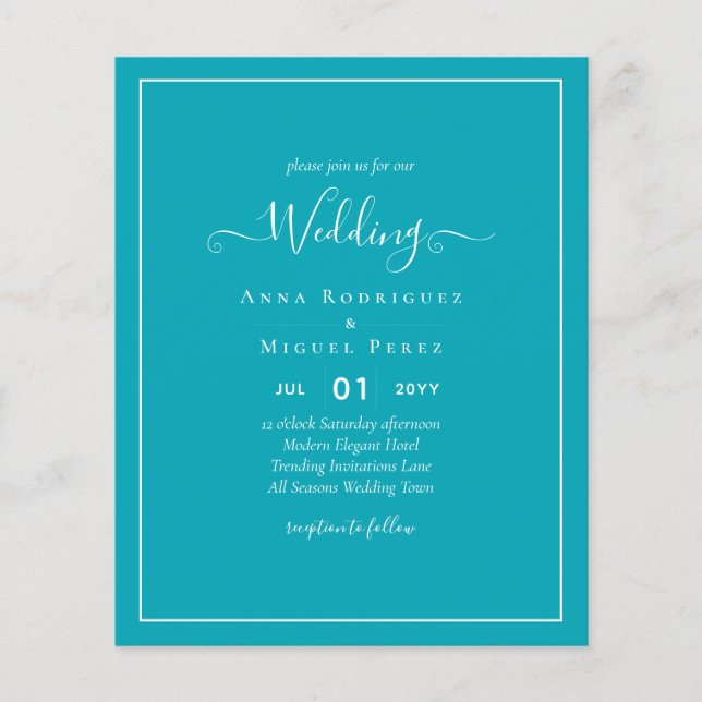 BUDGET Peacock Blue Teal Monochrome Wedding Flyer (Front)