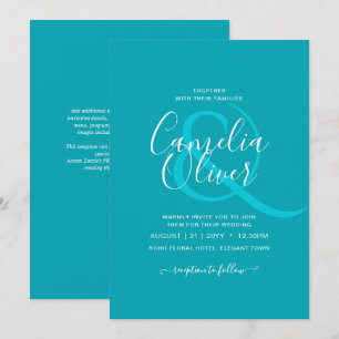 BUDGET Peacock Blue Teal Monochrome Wedding Invitation