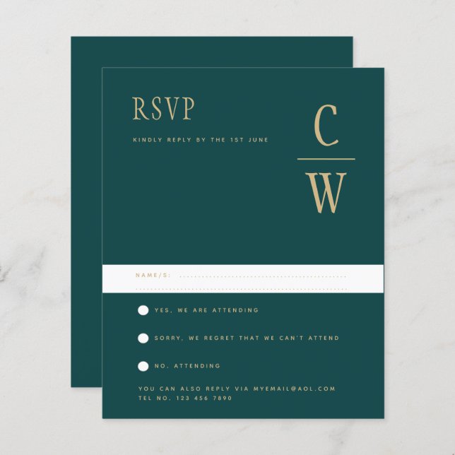 BUDGET Peacock TEAL Green Gold Wedding RSVP (Front/Back)