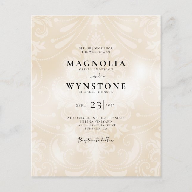 Budget Pearl Damask Wedding Invitation (Front)