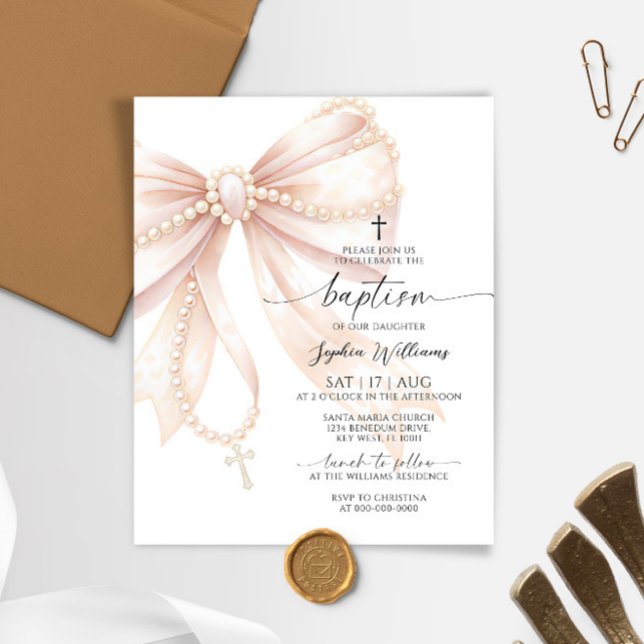 Budget Pearl Rosary Bow Baptism Invitation (Creator Uploaded)