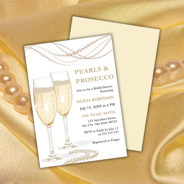 Budget Pearls & Prosecco Bridal Shower Invitation (Budget Gold Elegant Pearls & Prosecco Bridal Shower Invitation )