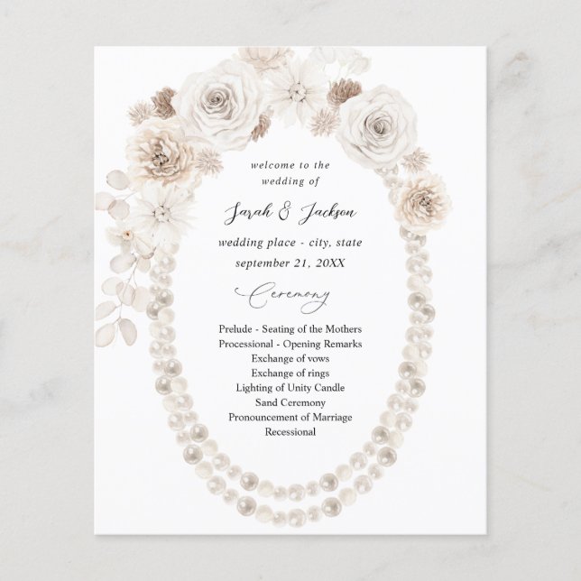 Budget Pearls & White Floral Wedding Ceremony Flyer (Front)