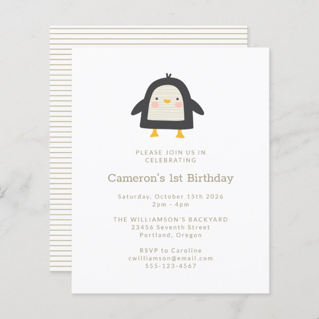 Budget Penguin Simple 1st Birthday Invitation (Front/Back)