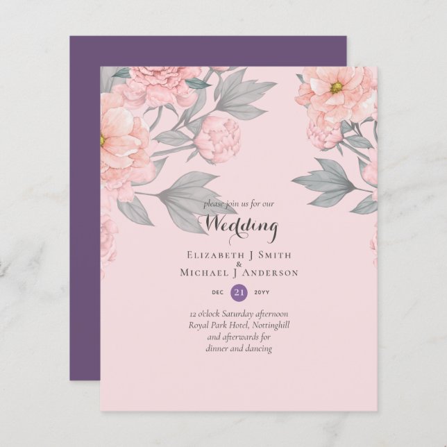 BUDGET  PEONIES Pink Sage Peach Wedding Invite (Front/Back)