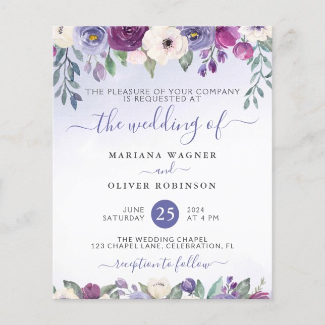 Budget Periwinkle Fuchsia Floral Wedding Invite (Front)