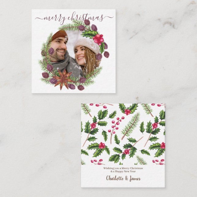 BUDGET Personalised Photo Christmas Holly Wreath Card (Front/Back)