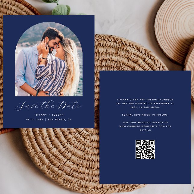 Budget Photo Arch Navy Blue QR Code Save the Date (Creator Uploaded)