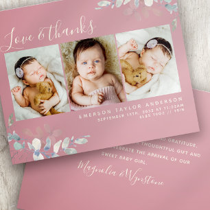 Budget Photo Baby Thank You Card   Pink Eucalyptus