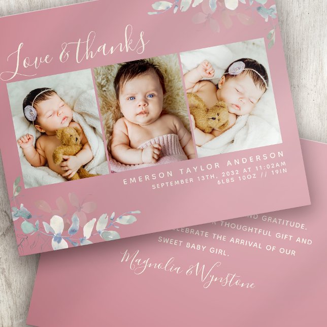 Budget Photo Baby Thank You Card | Pink Eucalyptus (Creator Uploaded)