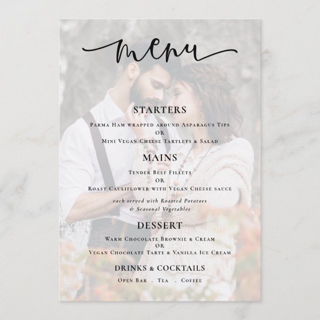 Budget Photo Background Script Wedding Menu Card (Front)