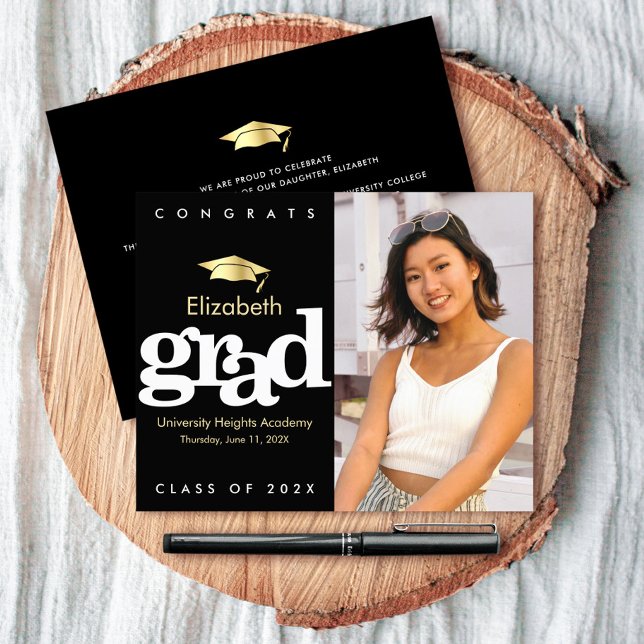 Budget Photo Black Gold Cap Graduation Invitation  (Creator Uploaded)