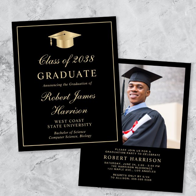 Budget Photo Black Gold Graduation Party Invite (An elegant college graduation party invitation to celebrate the graduate's achievements)