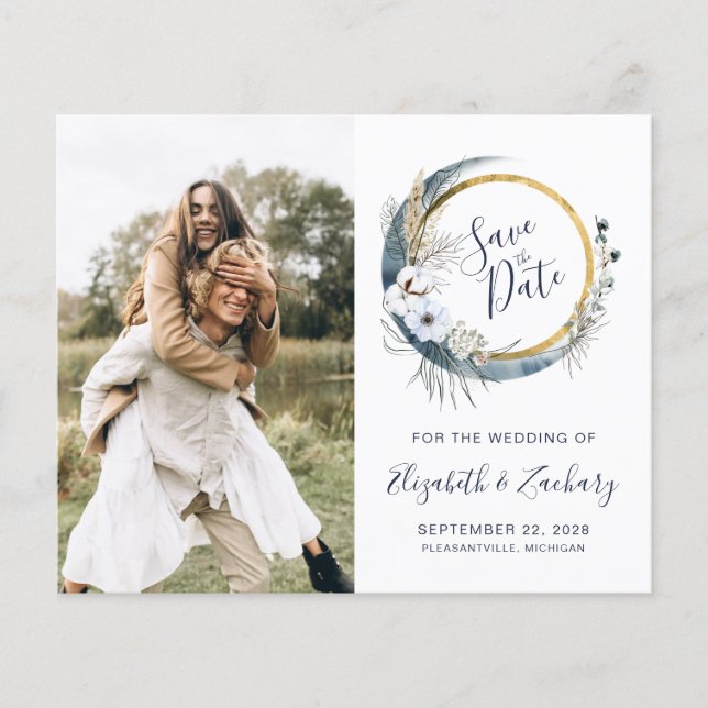 Budget Photo Boho Blue Floral Moon Save the Date (Front)