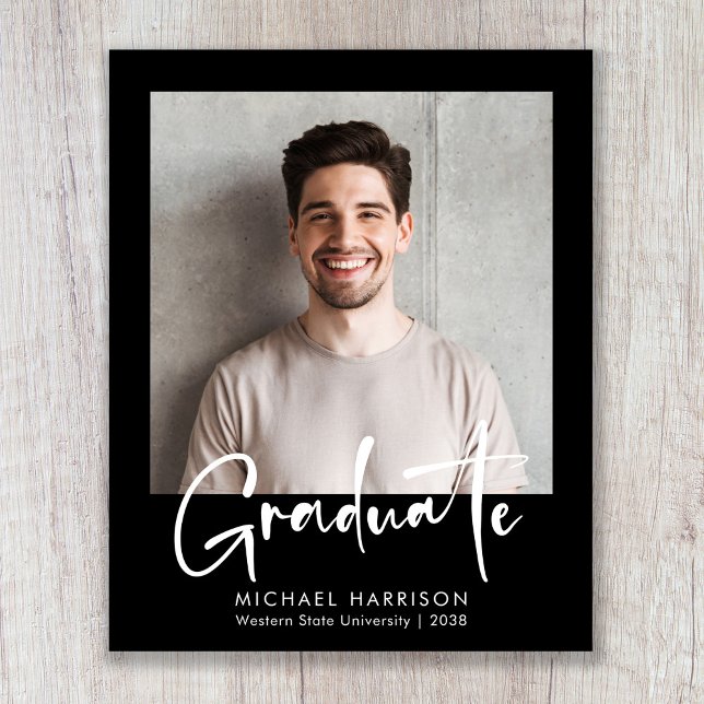 Budget Photo Bold Script Graduation Announcement (Budget White Script Photo Graduation Announcement)