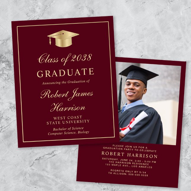Budget Photo Burgundy Gold Graduation Party Invite (An elegant college graduation party invitation to celebrate the graduate's achievements)