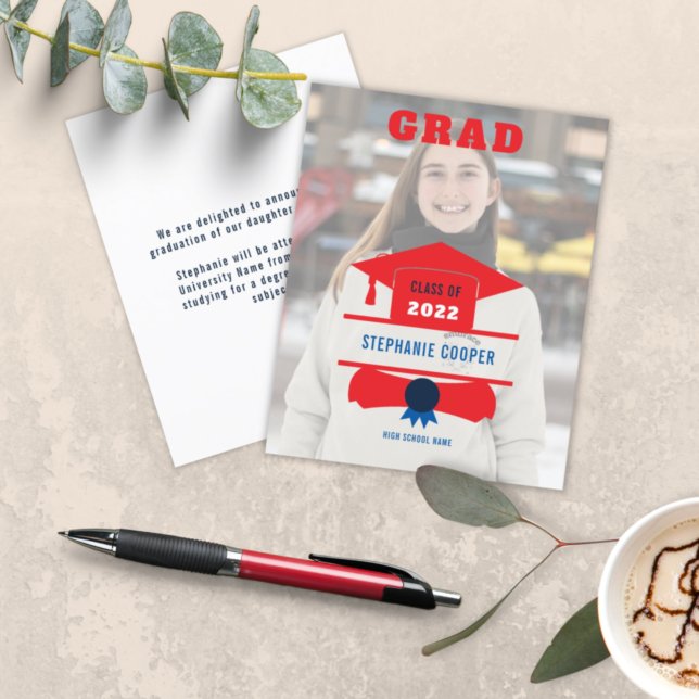 Budget Photo Cap Red Blue 2022 Grad Announcement  (Creator Uploaded)