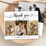 Budget Photo Collage Script Wedding Thank You Card<br><div class="desc">Budget, Elegant, Hand Lettered Script Wedding (3) Three Photo Collage Thank You personalised affordable low budget THIN card. Stylish wedding thank you card template featuring three photo on the front and one photo on the back. ***PLEASE NOTE! *** BUDGET PAPER/FLYER IS THIN. *** UPGRADE THE PAPER FOR A THICKER PAPER....</div>
