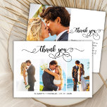 Budget Photo Collage Script Wedding Thank You Card<br><div class="desc">Budget, Elegant, Hand Lettered Script (3) Photo Collage Wedding Thank You personalised affordable low budget THIN card. Stylish wedding thank you card template featuring (3) three photo on the front and (1) one photo on the back. ***PLEASE NOTE! *** BUDGET PAPER/FLYER IS THIN. *** UPGRADE THE PAPER FOR A THICKER...</div>