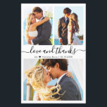 Budget Photo Collage Script Wedding Thank You Card<br><div class="desc">Budget, Modern, Elegant "Love and thanks" Script Three Photo Collage Wedding Thank You personalised affordable low budget thin card. Minimalist wedding thank you card template featuring three photo on the front and one photo on the back side. With the text "Love and thanks" in a swirly hand lettered calligraphy swash...</div>