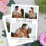 Budget Photo Collage Wedding Thank You Card<br><div class="desc">Budget, Modern, Minimalist 3 Photo Collage Elegant „Love & Thanks” Script Wedding Thank You personalised affordable low budget thin card. Stylish wedding thank you template featuring 3 photo on the front and 1 photo on the back side. ***PLEASE NOTE! *** BUDGET PAPER/FLYER IS PAPER THIN. *** UPGRADE THE PAPER FOR...</div>