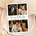 Budget Photo Collage Wedding Thank You Card<br><div class="desc">Budget, Modern, Elegant, Hand Lettering Wedding Three Photo Collage Thank You personalised affordable low budget thin card. Minimalist wedding thank you card template featuring three photo on the front and one photo on the back side. With the text "Love and thanks" in a swirly hand lettered calligraphy script font with...</div>