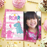 Budget Photo Dinosaurs Girl Birthday Invitation<br><div class="desc">“Stomp, chomp and roar”. Here’s a great way to celebrate your child’s birthday with friends and family. Send out this cute, fun, simple, festive, modern, personalised budget photo birthday party invitation. A fun, whimsical, playful visual of a cute, bold, kawaii, pink brontosaurus, turquoise blue t-rex, and fun, handwritten typography over...</div>