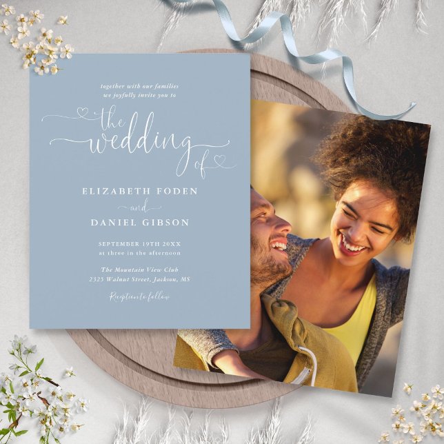 Budget Photo Dusty Blue Script Wedding Invitation (Budget Photo Dusty Blue Script Wedding Invitation)