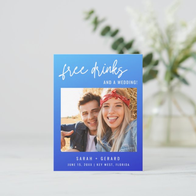 Budget Photo Funny Free Drinks and a Wedding  Announcement Postcard (Standing Front)
