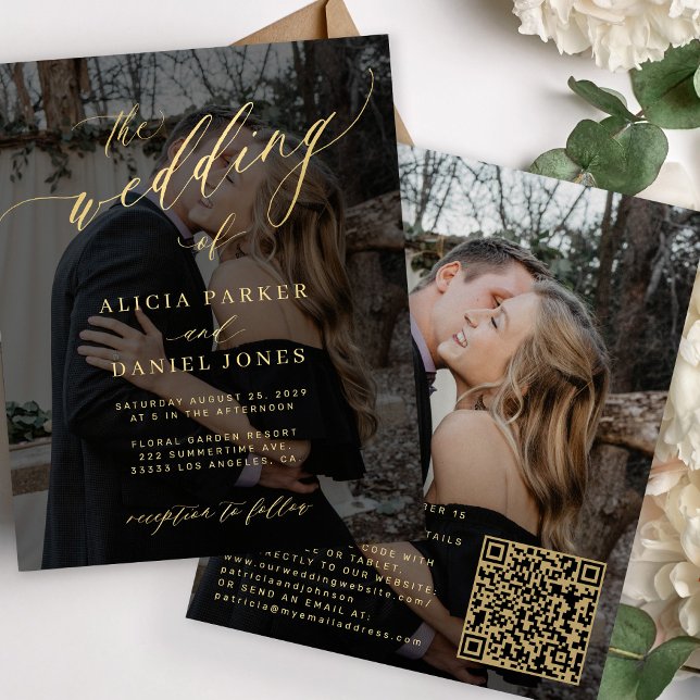 Budget photo gold QR code RSVP wedding invitation (This is an invitation printed on a budget paper. Cardstock available in the collection)