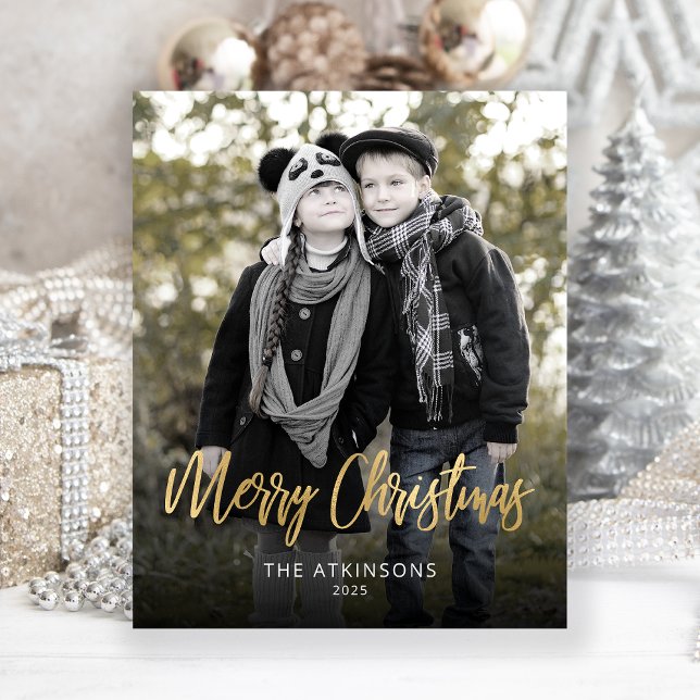 Budget Photo Gold Script Merry Christmas Card (Creator Uploaded)