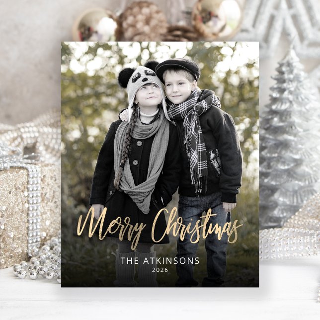 Budget Photo Gold Script Merry Christmas Card (Creator Uploaded)