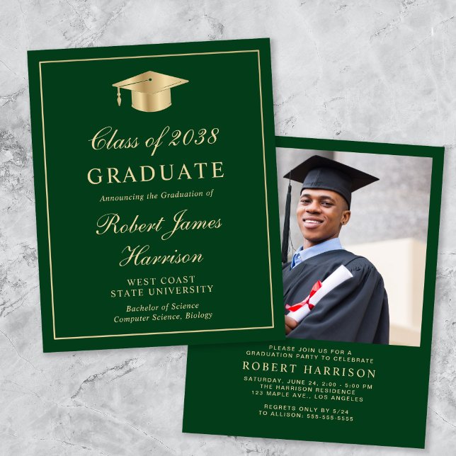 Budget Photo Green Gold Graduation Party Invite (An elegant college graduation party invitation to celebrate the graduate's achievements)