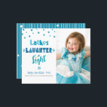 Budget Photo Hanukkah Latkes Laughter Light Card<br><div class="desc">“Latkes, laughter & light.” Fun, whimsical handcrafted typography and a random Star of David pattern in dusty blue, turquoise and teal on a white background, along with the photo of your choice, help you usher in Hanukkah. Hand drawn white lines and a random Stars of David pattern overlay a teal...</div>