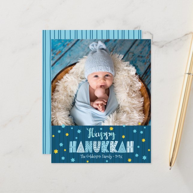 Budget Photo Happy Hanukkah Blue Gold Stars Card (Front/Back In Situ)