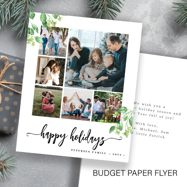Budget photo happy holidays greenery greeting Card (Creator Uploaded)