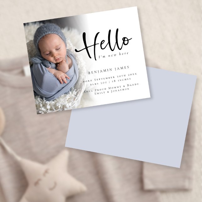 Budget Photo Hello Boy Blue Birth Annnouncement (Creator Uploaded)