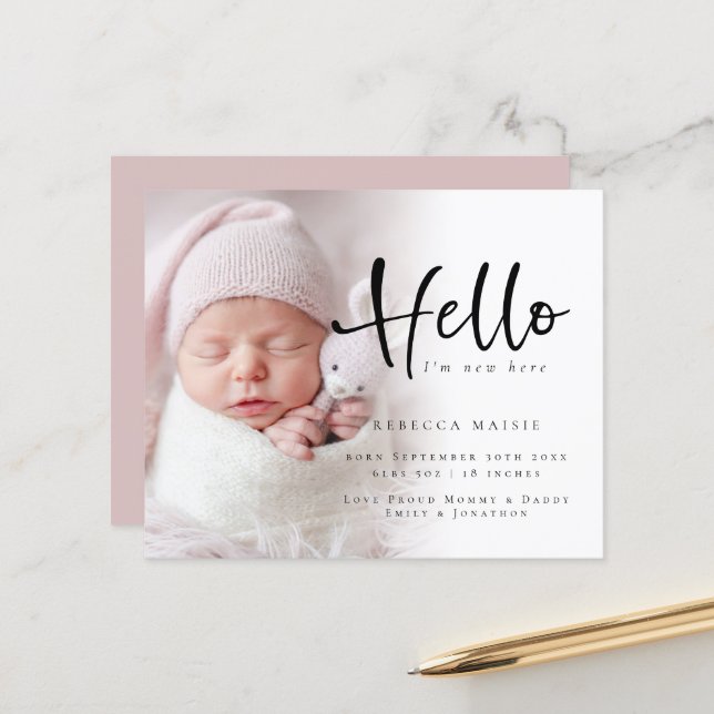 Budget Photo Hello Girl Pink Birth Annnouncement (Front/Back In Situ)