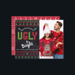 Budget Photo Holiday Ugly Sweater Chalkboard Card<br><div class="desc">“May all your sweaters be ugly & bright.” Celebrate the holidays in “style” with your ugliest, tackiest Christmas sweaters! On the left side, cute, whimsical trees, reindeer, ornaments, and playful “sweater” typography in red, green and aqua blue, overlay a chalkboard background. Your custom photo is on the right. A white...</div>