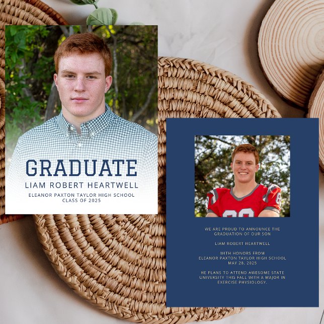 Budget Photo Navy Gold Sporty Grad Announcement (Creator Uploaded)