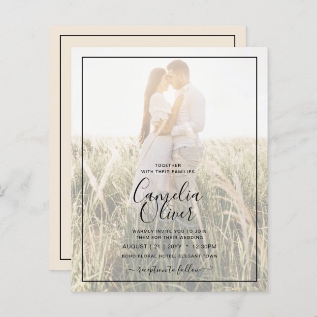 BUDGET Photo Overlay BEIGE Wedding Invite  (Front/Back)