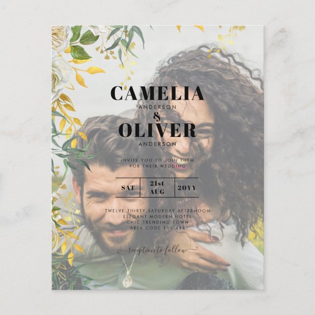 Budget PHOTO OVERLAY Leaves Wedding Invite QR Code Flyer (Front)